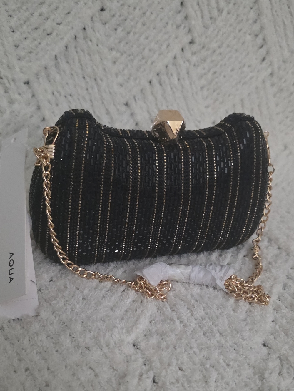 Aqua Black Beaded Evening Clutch with Gold Accents, Missing Handle
